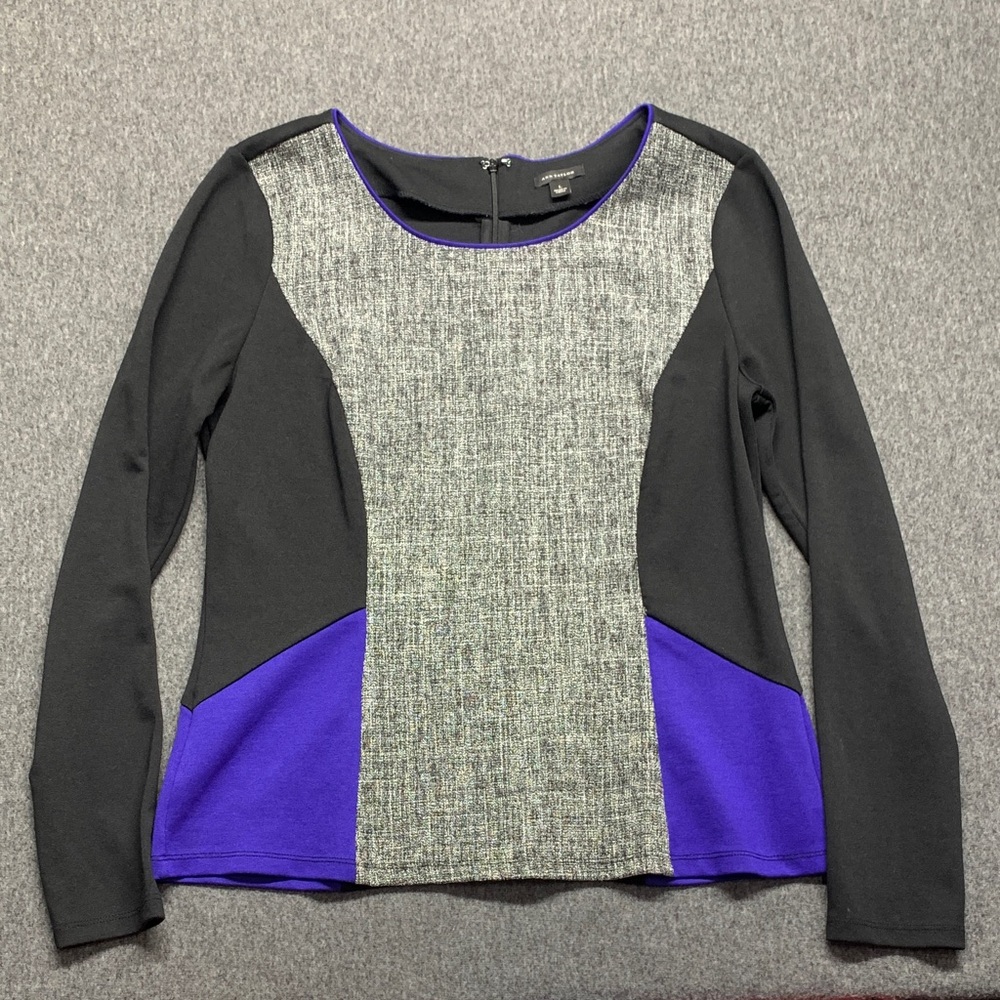 Ann Taylor Black, Gray & Purple Colorblock Long Sleeve Top Size L